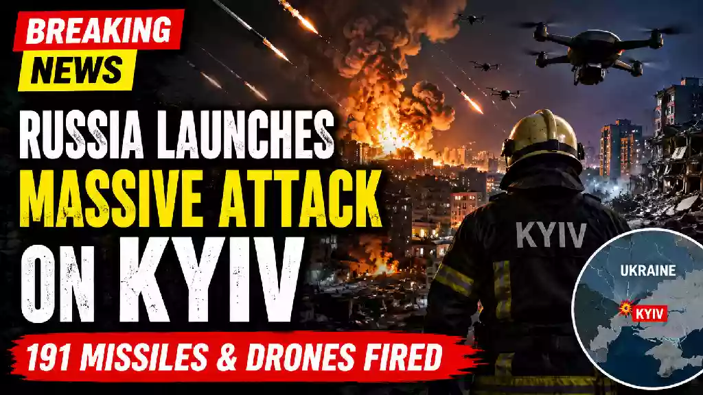 Breaking news YouTube thumbnail showing a massive Russian missile and drone attack on Kyiv, Ukraine, with explosions over the city skyline, attack drones overhead, a firefighter overlooking the destruction, and text highlighting Russia's large-scale assault involving 191 missiles and drones.