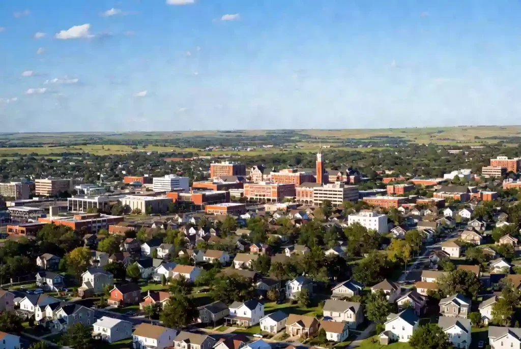 Vertical view of university buildings and campus in Stillwater Oklahoma under clear skies