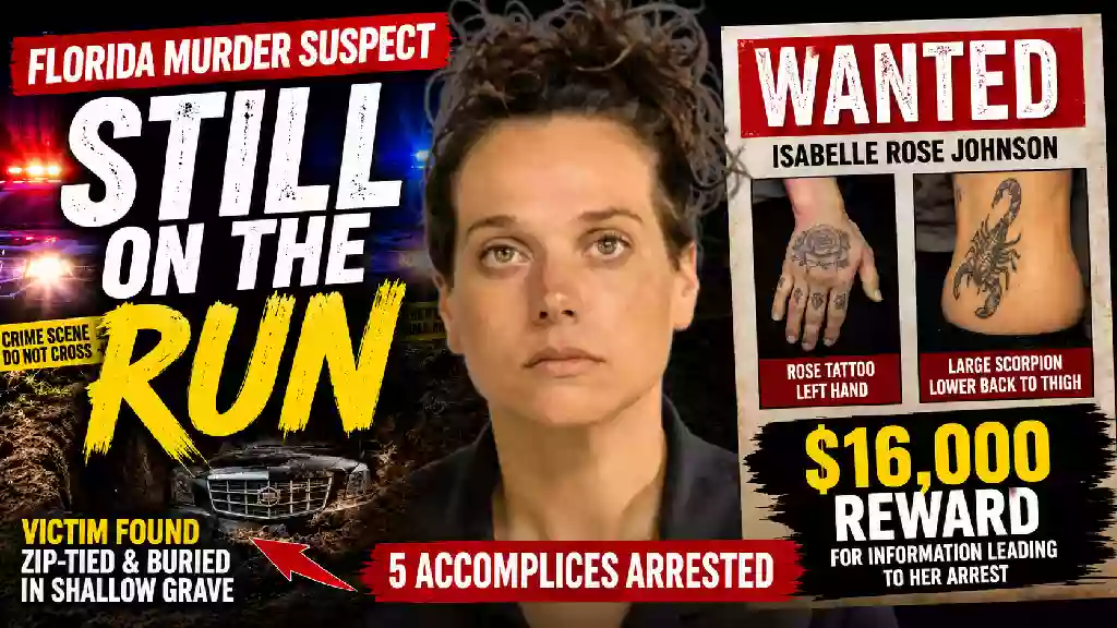 YouTube thumbnail showing Florida murder suspect Isabelle Rose Johnson with a "Still on the Run" headline, wanted poster, $16,000 reward, police lights, and crime scene graphics related to the Walton County homicide investigation.