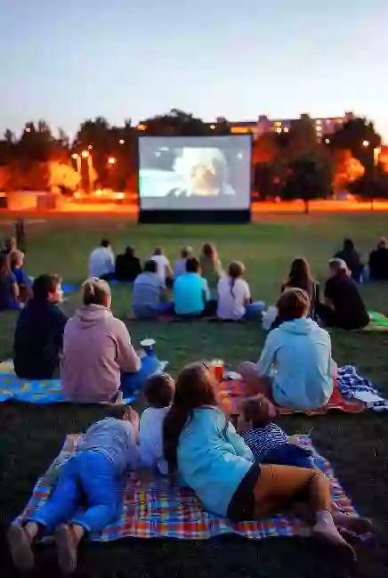Families gathered on blankets for a free outdoor movie screening in a Stillwater park