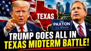 Donald Trump and Ken Paxton featured in a political YouTube thumbnail about the 2026 Texas midterm elections, with a Texas map, American flag, Houston skyline, and Republican campaign imagery.