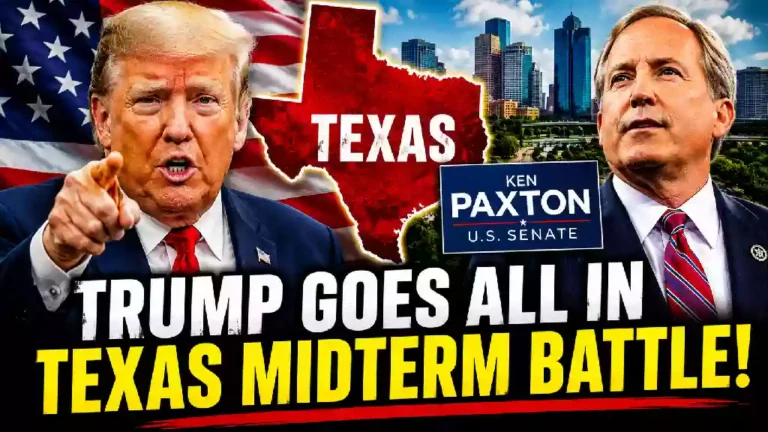 Donald Trump and Ken Paxton featured in a political YouTube thumbnail about the 2026 Texas midterm elections, with a Texas map, American flag, Houston skyline, and Republican campaign imagery.