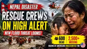 Dramatic Nepal disaster scene showing rescue crews responding to devastating floods and landslides, a rescue helicopter above the mountains, and a mother embracing her child, with warnings about a new flood threat and missing people.