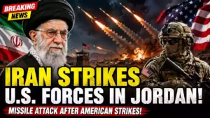 Iran launches ballistic missile attack targeting U.S. forces in Jordan after American strikes on Iranian missile launchers near the Strait of Hormuz, with Iranian and American military imagery.