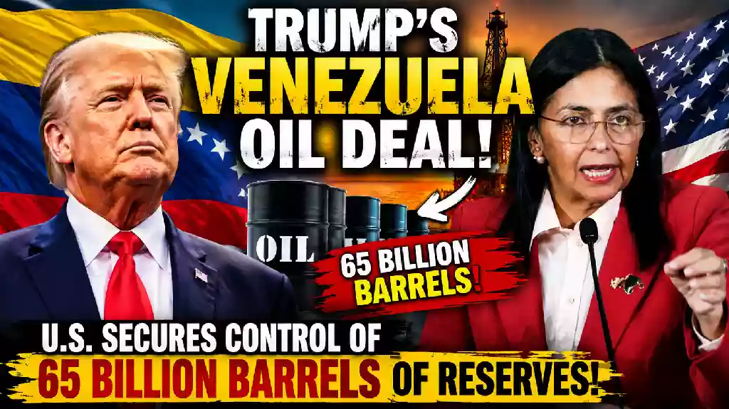 Trump and Venezuelan official featured in a thumbnail about the 65 billion barrel Venezuela oil deal.