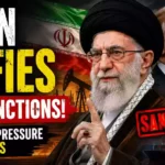 Iran defies U.S. sanctions as economic pressure intensifies, featuring Iran’s Supreme Leader, Donald Trump, Iranian and American flags, oil infrastructure, and a falling economic chart.