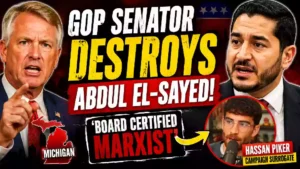 Roger Marshall and Abdul El-Sayed featured in a political YouTube thumbnail highlighting the Hassan Piker controversy and Michigan Democratic campaign