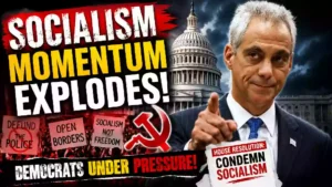Rahm Emanuel featured in a dramatic political news graphic about the growing socialism debate and pressure on Democrats, with the U.S. Capitol and socialism imagery in the background.