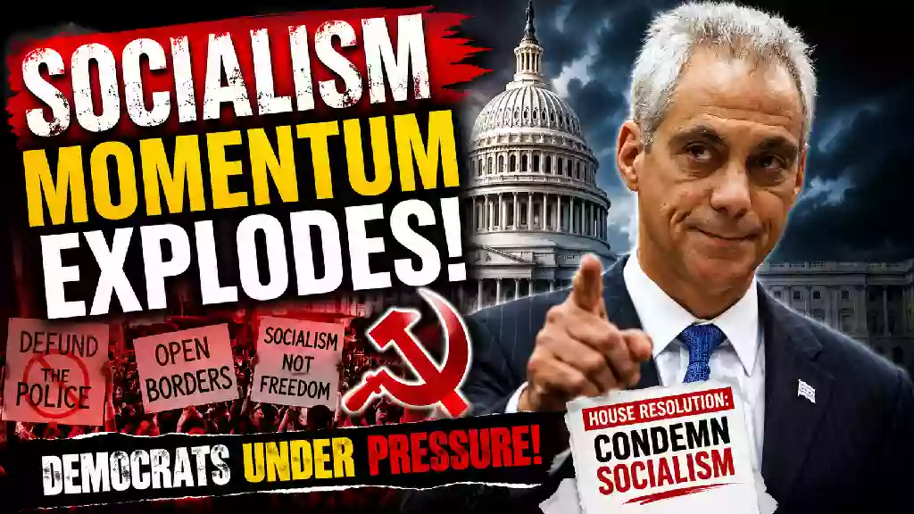 Rahm Emanuel featured in a dramatic political news graphic about the growing socialism debate and pressure on Democrats, with the U.S. Capitol and socialism imagery in the background.