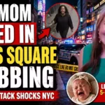 “YouTube news thumbnail showing a young woman, Times Square police scene, stabbing investigation, and a five-month-old baby following a deadly random attack in New York City.”