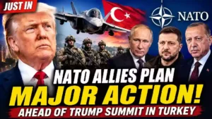 President Donald Trump featured alongside NATO leaders, Vladimir Putin, Volodymyr Zelensky, Recep Tayyip Erdoğan, an F-35 fighter jet, NATO logo, and Turkish flag in a breaking news thumbnail about NATO allies preparing major defense agreements ahead of the Trump NATO summit in Turkey.