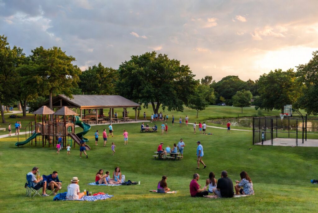 Free family park event with people gathered on the lawn in Mustang