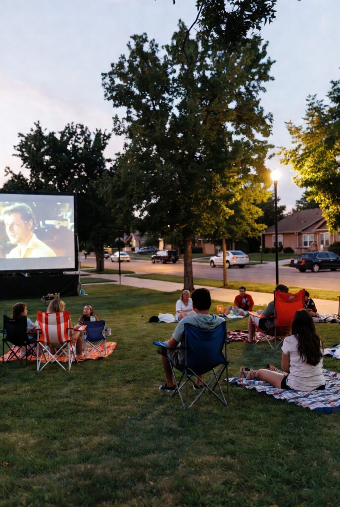 Families gathered on blankets for a free outdoor movie or park event in Mustang