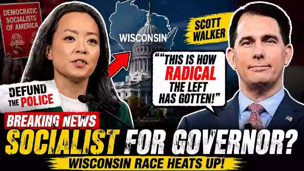 Scott Walker and Wisconsin Democratic gubernatorial candidate Francesca Hong featured in a breaking news YouTube thumbnail discussing the Wisconsin governor race, Democratic Socialists of America, policing debate, and the 2026 Wisconsin election.