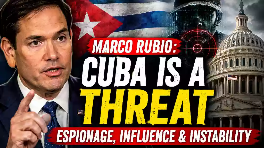 Marco Rubio speaks about Cuba's national security threat as a Cuban flag, shadowy intelligence figure, and the U.S. Capitol illustrate concerns over espionage, influence operations, and geopolitical tensions.