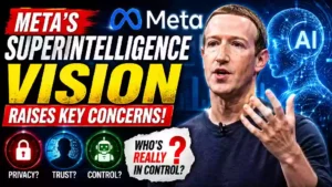 Mark Zuckerberg Meta superintelligence AI vision raises privacy and trust concerns, with artificial intelligence graphics and questions about control