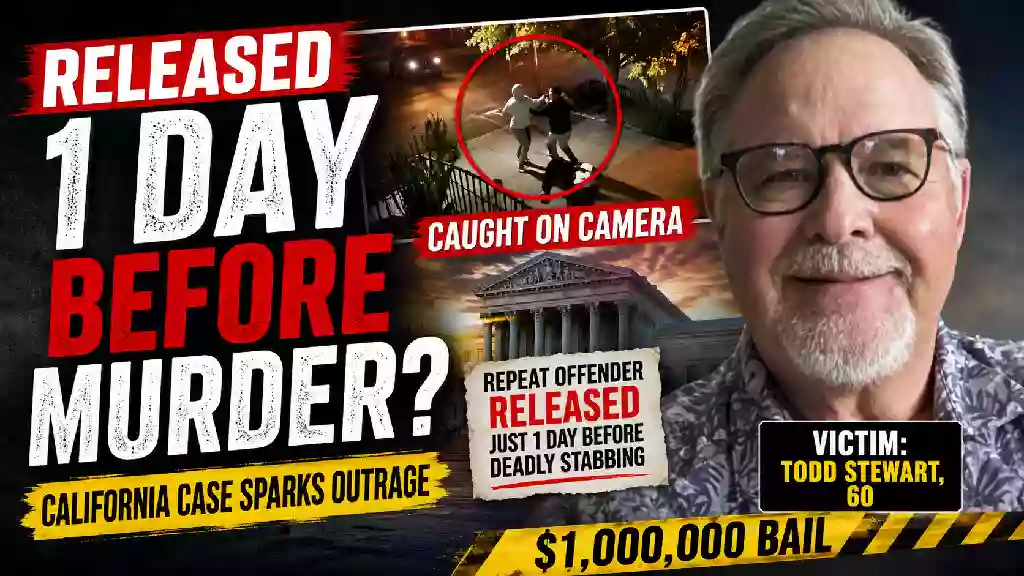 Northern California murder case thumbnail showing Todd Stewart, alleged suspect release one day before fatal stabbing, courthouse, and surveillance footage