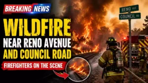 Oklahoma City wildfire near Reno Avenue and Council Road with firefighters battling flames along railroad tracks