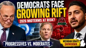 Democrats face growing rift as progressive and moderate factions clash ahead of the 2026 midterm elections, featuring Chuck Schumer, Mark Rogers and Abdul El-Sayed with the U.S. Capitol
