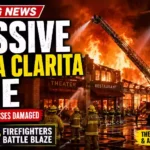 Dramatic Santa Clarita fire news graphic showing massive flames engulfing multiple businesses as more than 100 Los Angeles County firefighters battle the blaze with ladder trucks and emergency equipment.