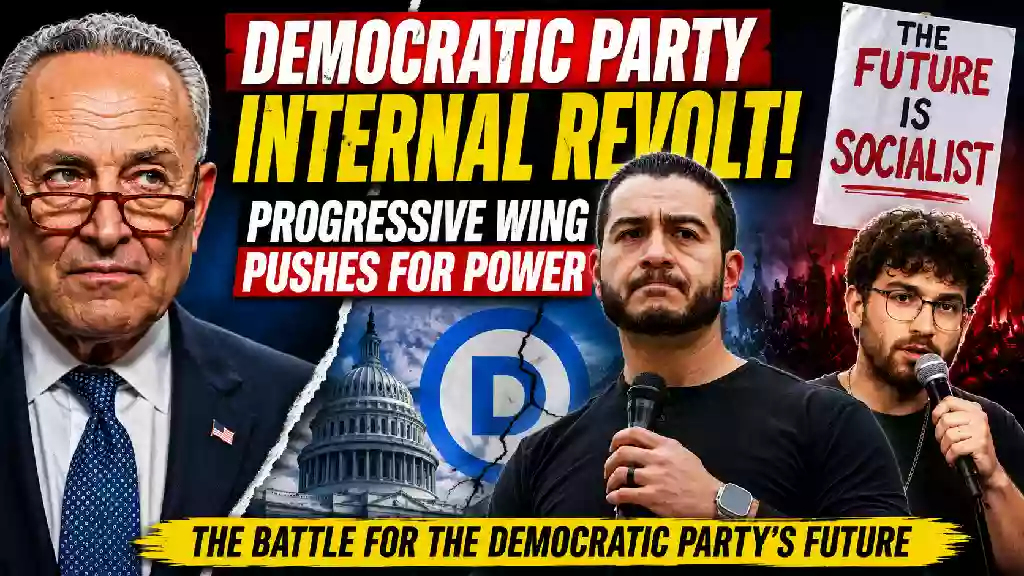 Democratic Party internal revolt thumbnail featuring Chuck Schumer, Abdul El-Sayed, and Hasan Piker, with the U.S. Capitol and Democratic Party logo in the background and headlines about the progressive wing pushing for political power.