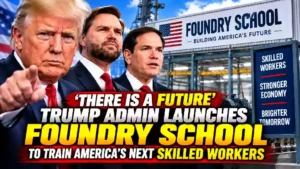 Trump, Vance and Rubio featured with a Foundry School manufacturing facility and skilled-worker training message.