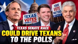 Texas Senate race thumbnail featuring Ken Paxton, James Tallarico, and Rep. Roger Williams with Texas Capitol and voter signs
