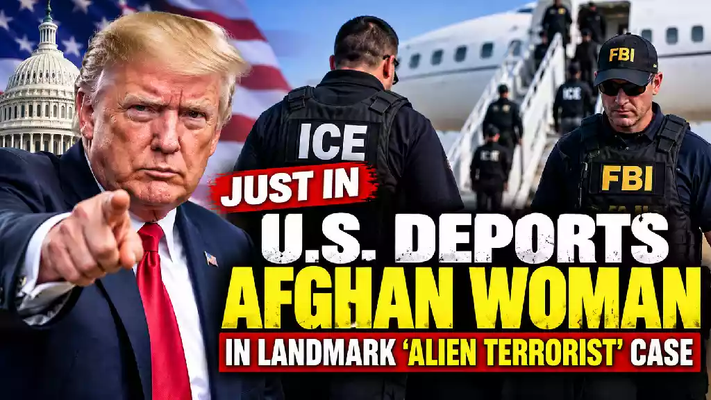 Donald Trump points toward the camera as ICE and FBI agents stand near a deportation aircraft in a dramatic U.S. immigration enforcement scene, highlighting the landmark Afghan woman alien terrorist deportation case.