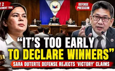 Vice President Sara Duterte and a defense lawyer are featured in a YouTube thumbnail about Day 2 of the Senate impeachment trial, highlighting the defense's rejection of claims that the prosecution scored an early victory.