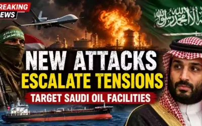 Breaking news YouTube thumbnail showing a burning Saudi oil facility, Houthi fighter, military drone, oil tanker, and Saudi Crown Prince Mohammed bin Salman, illustrating escalating Middle East tensions and threats to global energy infrastructure.