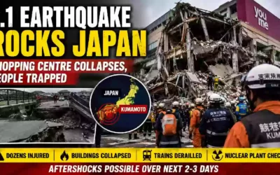 Emergency rescue teams respond after a 7.1-magnitude earthquake collapsed part of a shopping centre in Kumamoto, Japan, causing widespread damage and trapping people beneath the rubble.