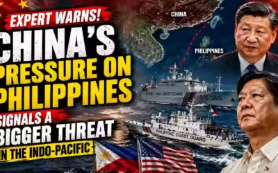 China’s pressure on the Philippines raises wider Indo-Pacific security concerns, with Chinese and Philippine coast guard ships, Xi Jinping, and a regional map shown in a dramatic news graphic.