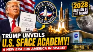 Donald Trump holds an executive order establishing the United States Space Academy as rockets launch toward the Moon, highlighting America's NASA Artemis program and plans for a 2028 lunar return.