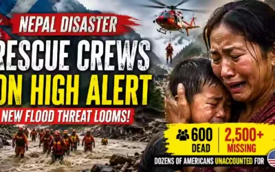 Dramatic Nepal disaster scene showing rescue crews responding to devastating floods and landslides, a rescue helicopter above the mountains, and a mother embracing her child, with warnings about a new flood threat and missing people.