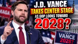J.D. Vance speaks at a Republican political event as GOP 2028 presidential speculation grows, with the U.S. Capitol and a Vance 2028 sign in the background.