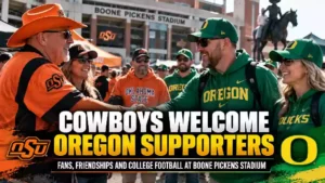 Oklahoma State fans welcome Oregon supporters ahead of the Cowboys’ home opener at Boone Pickens Stadium