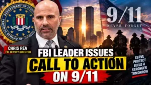 Chris Rea FBI deputy director marks 25 years since 9/11 with call to serve America, featuring the FBI seal, New York skyline, American flag and 9/11 remembrance imagery