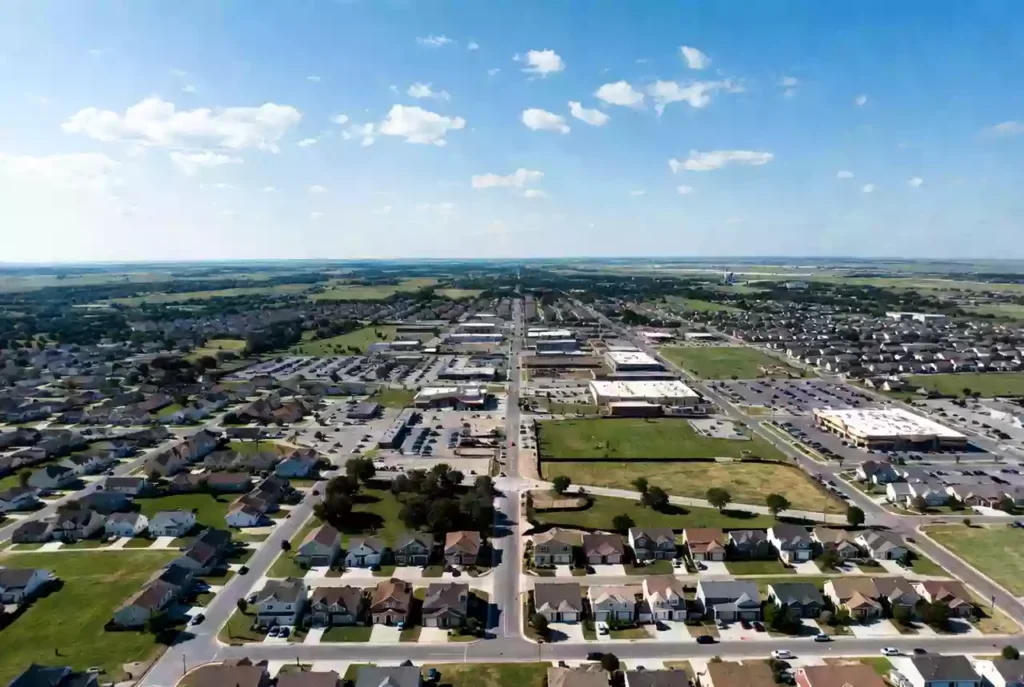 Vertical view of modern residential and commercial development in Owasso Oklahoma