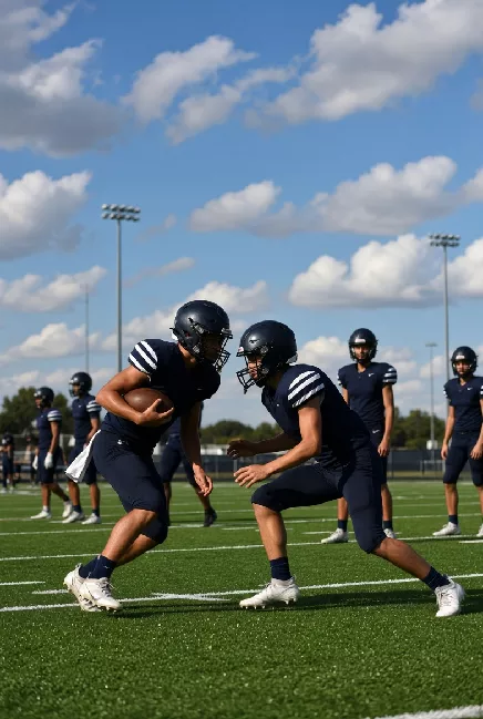 Vertical photo of high school football players practicing on the field in Owasso Oklahoma