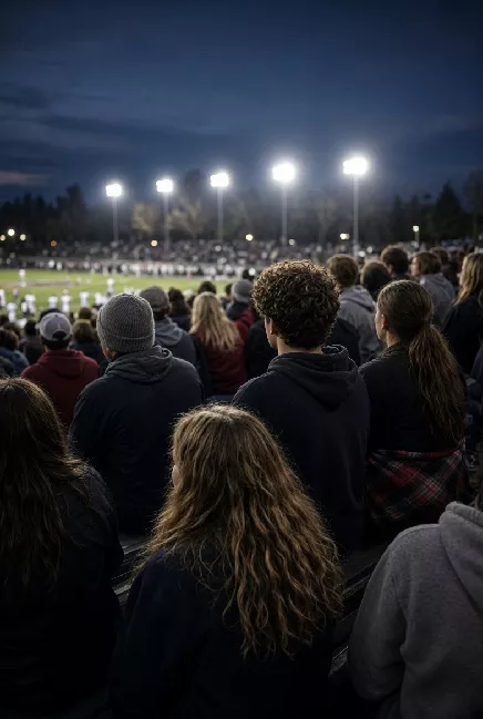Vertical photo of fans watching a high school football game under the lights in Owasso