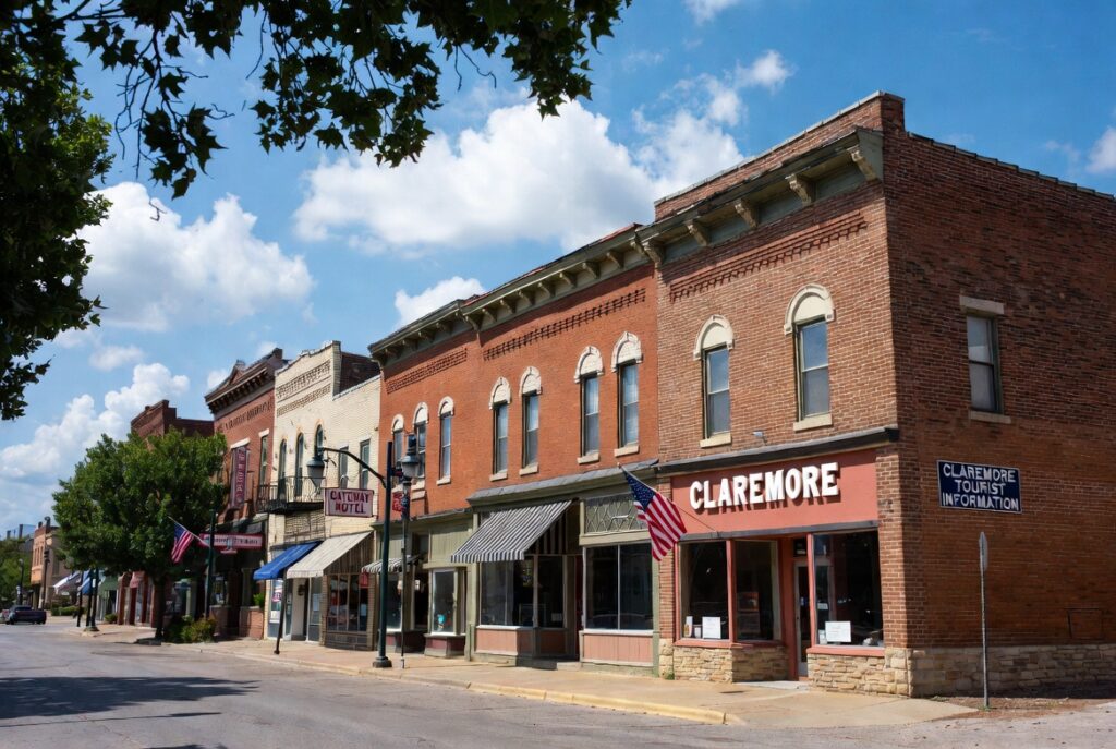 Historic downtown Claremore Oklahoma along Route 66 with brick buildings and American flags on a sunny day