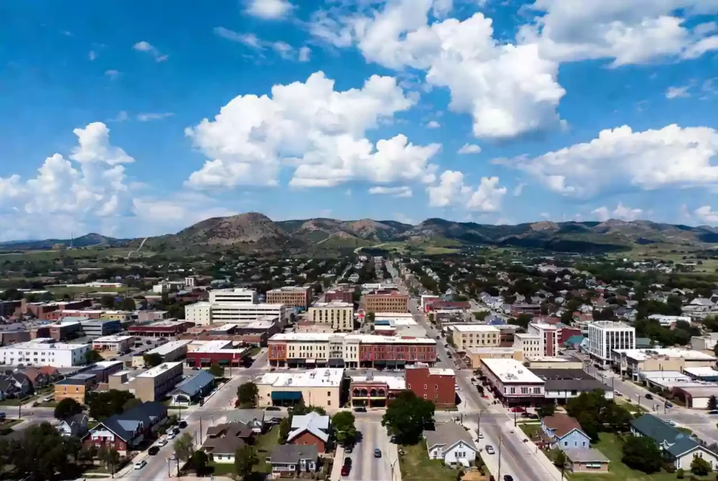 Vertical photo of downtown commercial buildings in Claremore Oklahoma