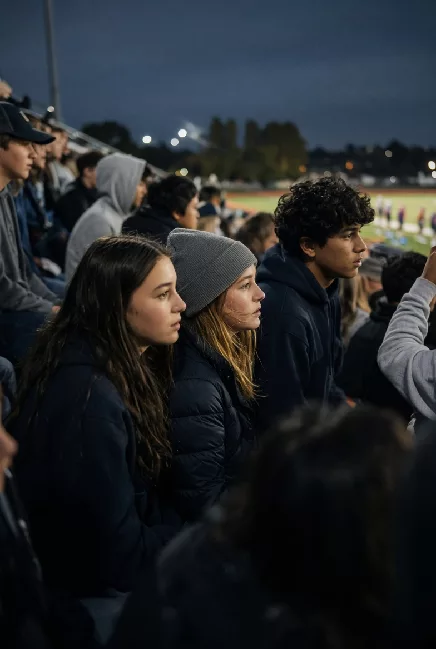 Vertical photo of fans watching a high school football game under the lights in Claremore