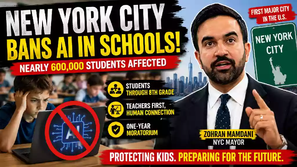 New York City AI school ban affecting nearly 600,000 students, featuring NYC Mayor Zohran Mamdani, a student using a laptop with a banned AI symbol, and a classroom background highlighting the one-year AI moratorium through eighth grade.