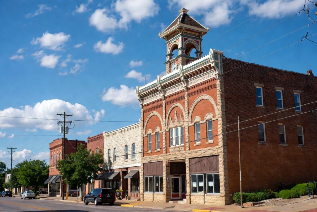 Downtown El Reno Oklahoma on a sunny day showing historic buildings and community life