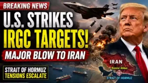 "YouTube thumbnail showing U.S. airstrikes targeting Iranian IRGC infrastructure near Bandar Abbas, with President Donald Trump, fighter jets, explosions, cargo ships in the Strait of Hormuz, and a map of Iran highlighting escalating Middle East tensions."