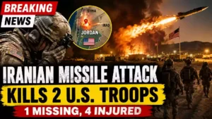 Dramatic illustration of an Iranian missile striking a U.S. military base in Jordan as explosions erupt, with American troops in the foreground and a map highlighting Jordan during escalating U.S.-Iran tensions.