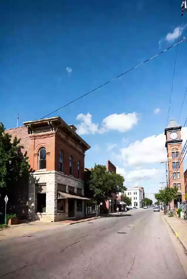 Vertical photo of historic brick buildings along main street in El Reno Oklahoma