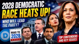 2028 Democratic presidential race YouTube thumbnail featuring Kamala Harris, Alexandria Ocasio-Cortez (AOC), Gavin Newsom, Pete Buttigieg, and Ro Khanna with the White House and American flag in the background, highlighting early Democratic contenders for the 2028 U.S. presidential election.