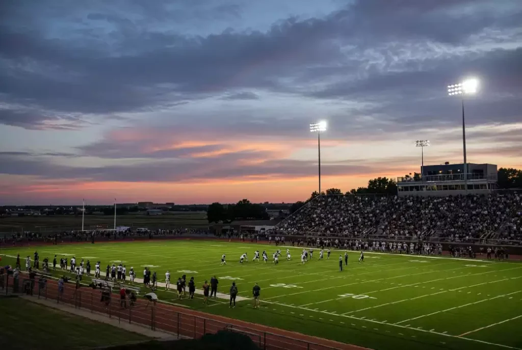 Wide view of a high school football stadium at dusk under stadium lights in El Reno Oklahoma